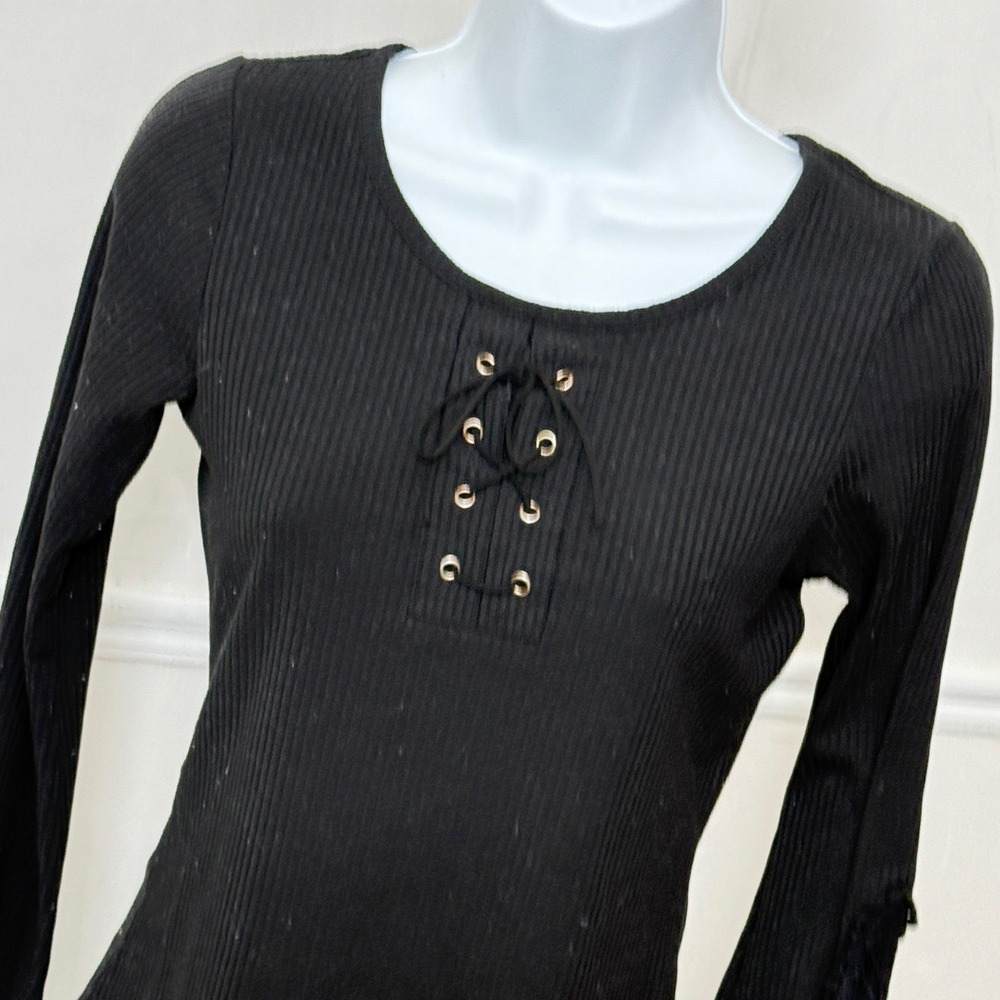 Takara Girls Black Ribbed Lace Up Long Sleeve Top Lace Bell Sleeve Size L